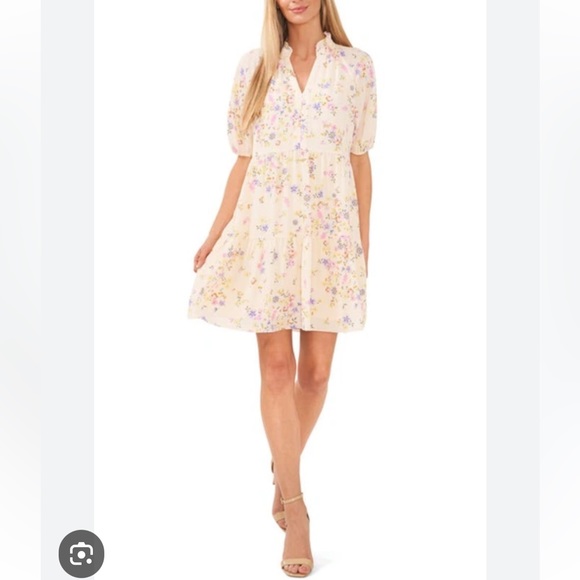 Cece Short Sleeved Babydoll Dress in Soft Vanilla - Picture 1 of 6